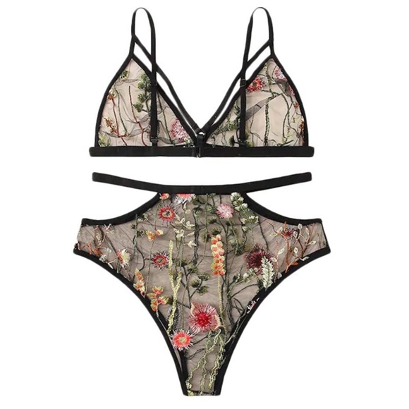 Sheer Black Floral Embroidered Bra & Panty Set - Picture 3 of 8